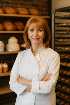 Jane Asher in a white chef’s jacket standing confidently in her bakery surrounded by cakes and pastries in her Party Cake Shop.