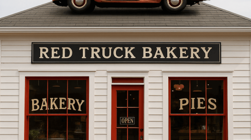 Front view of Red Truck Bakery with vintage red truck on roof and bold signage