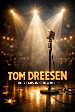 Symbolic feature image of a vintage microphone under dramatic spotlights, representing Tom Dreesen’s 40‑year showbiz career.