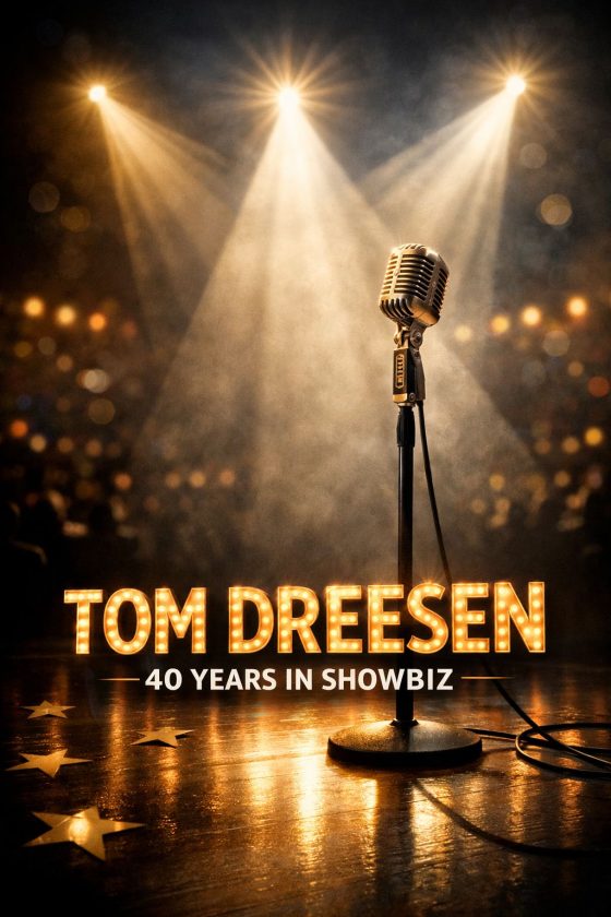 Symbolic feature image of a vintage microphone under dramatic spotlights, representing Tom Dreesen’s 40‑year showbiz career.