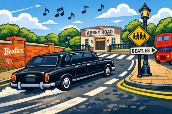 Cartoon illustration of a classic black limousine driving up Abbey Road toward the famous zebra crossing and Abbey Road Studios, with no driver visible.