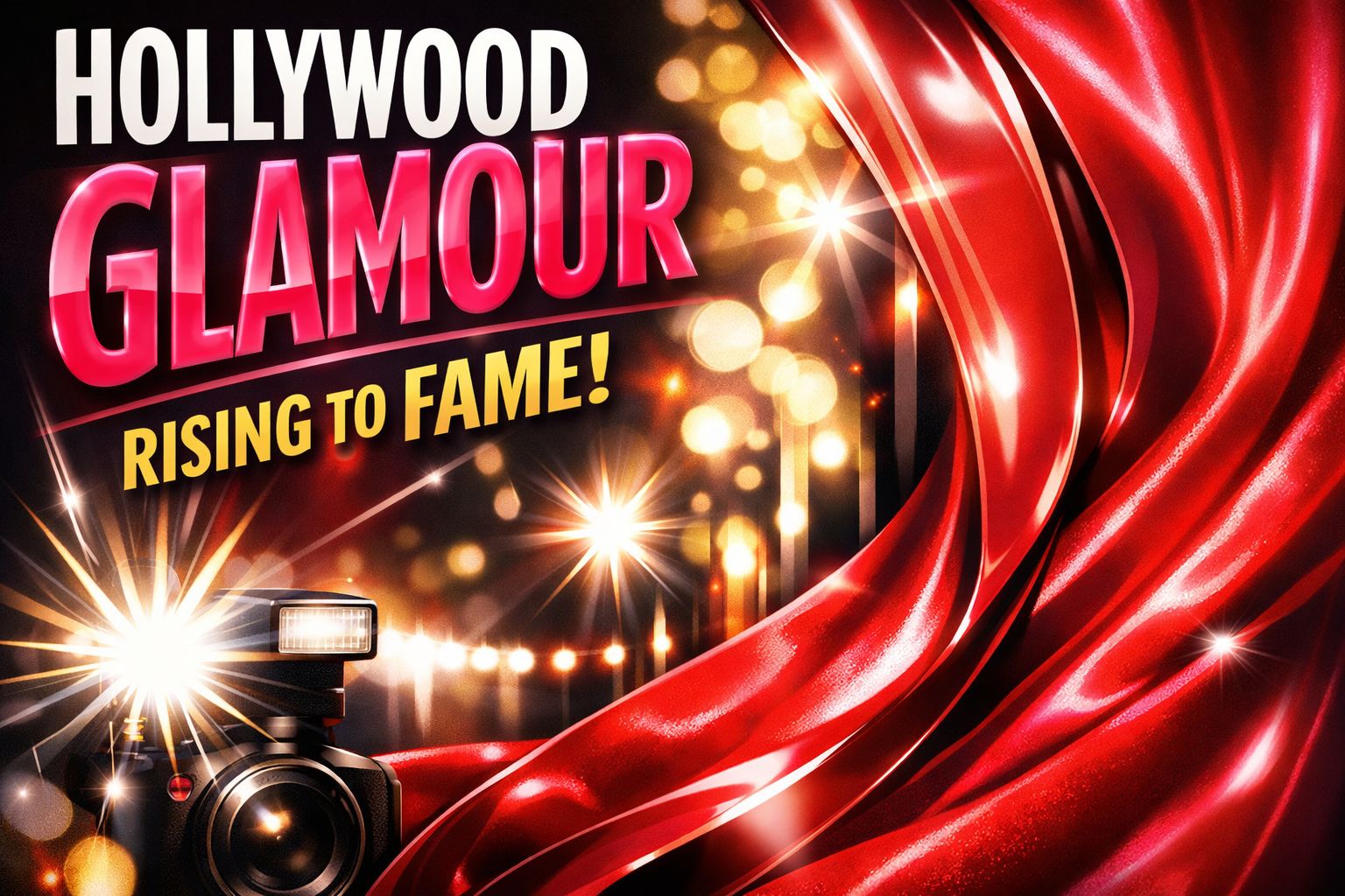 Abstract magazine‑style cover with bold “Hollywood Glamour” typography, camera flash, and glossy red fabric.