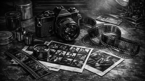 Black‑and‑white still life of a vintage 35mm film camera surrounded by contact sheets, film rolls, and a magnifying loupe under dramatic studio lighting — evoking the analog craft of photography and the creative atmosphere of an interview with photographer Frank Stefanko.