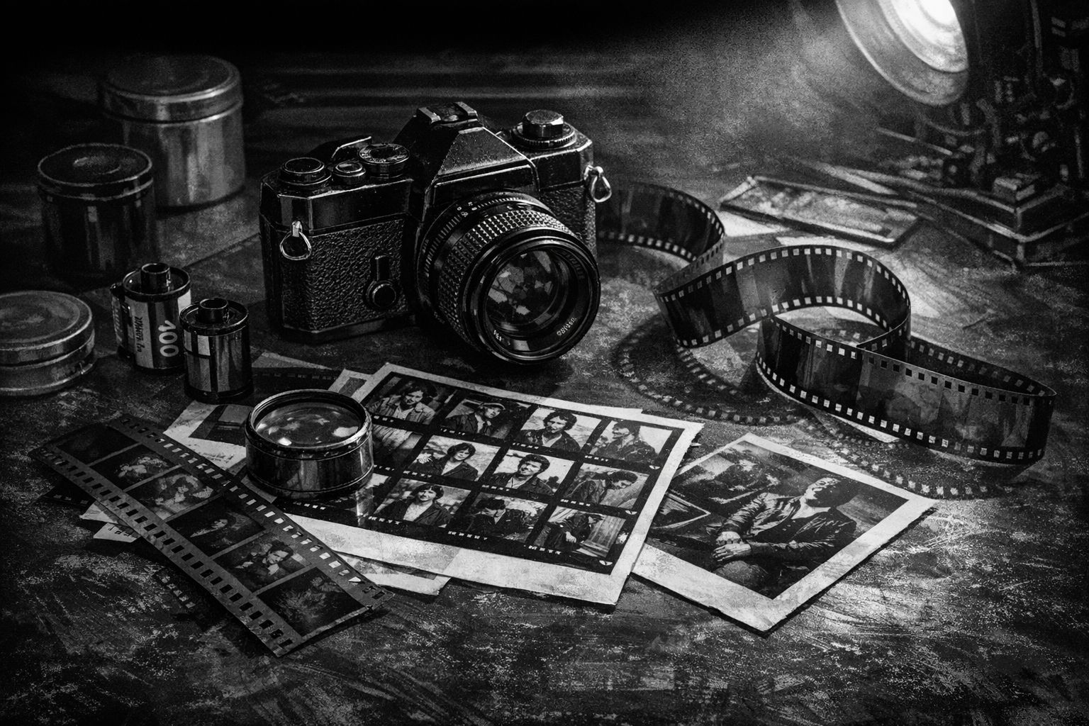 Black‑and‑white still life of a vintage 35mm film camera surrounded by contact sheets, film rolls, and a magnifying loupe under dramatic studio lighting — evoking the analog craft of photography and the creative atmosphere of an interview with photographer Frank Stefanko.