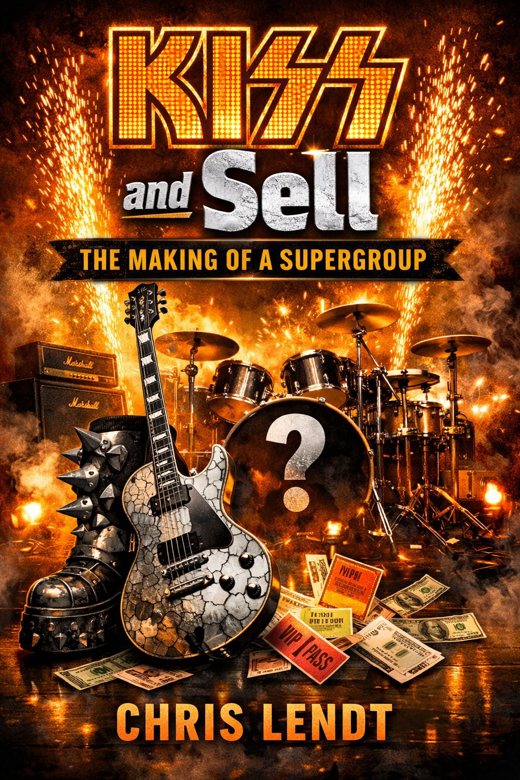 Stylized book cover for Kiss and Sell: The Making of a Supergroup by Chris Lendt, featuring rock‑inspired visuals.
