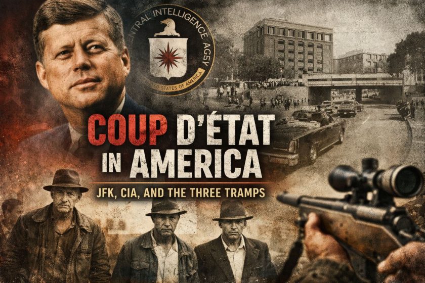Composite image featuring JFK, CIA emblem, Dealey Plaza, and the “Three Tramps” with title Coup d’État in America – JFK, CIA, and the Three Tramps.