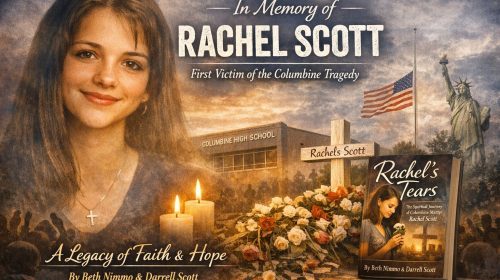 Memorial tribute image of Rachel Scott with her portrait, Columbine High School, candles, flowers, and the book Rachel’s Tears.