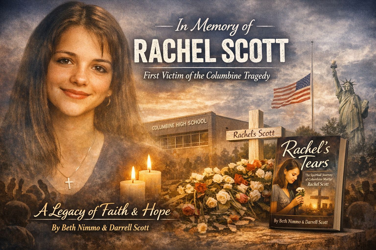 Memorial tribute image of Rachel Scott with her portrait, Columbine High School, candles, flowers, and the book Rachel’s Tears.