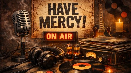 Vintage radio scene with microphone, vinyl records, glowing tubes, and “Have Mercy!” text symbolizing Wolfman Jack’s legacy.