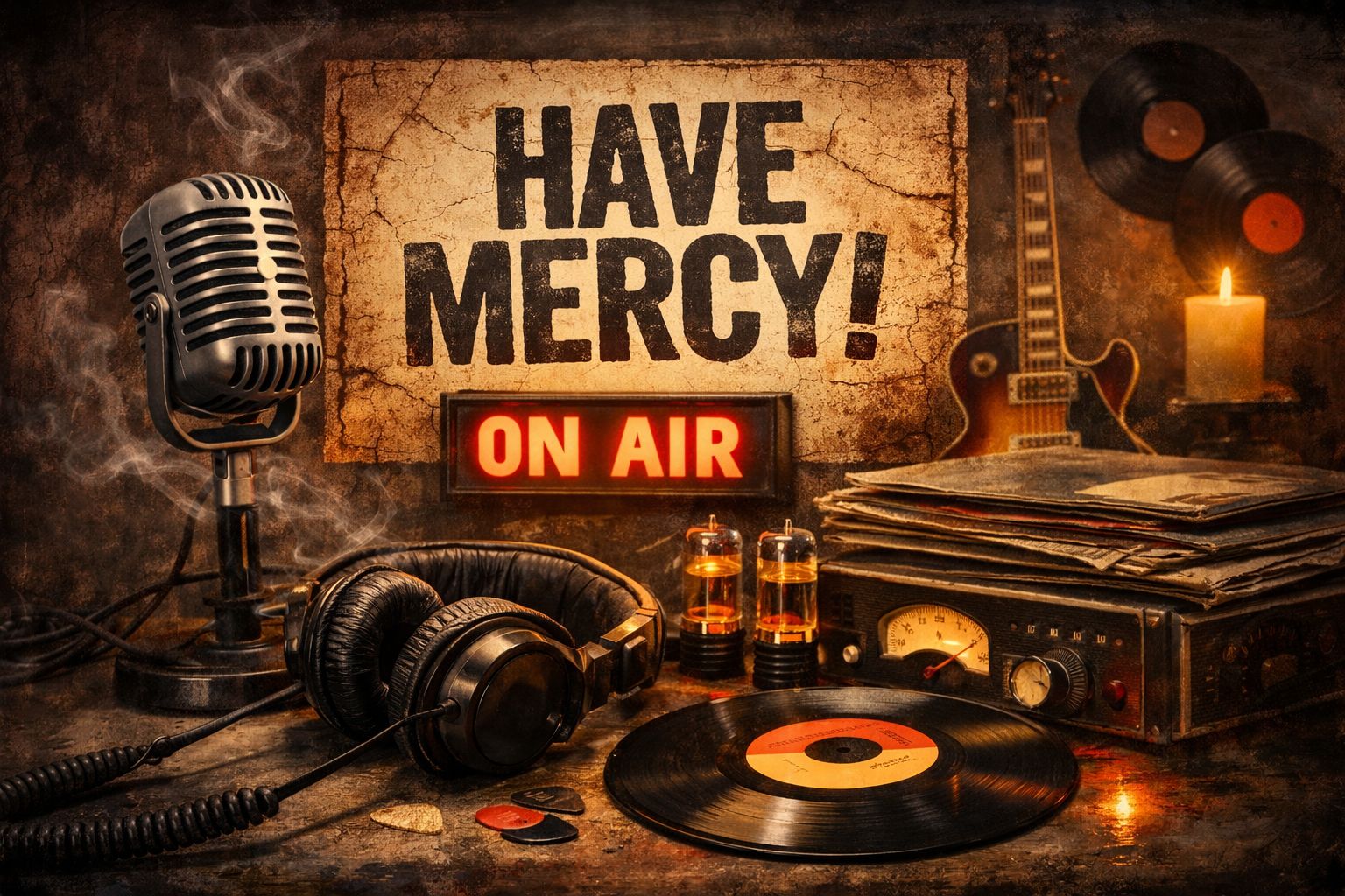 Vintage radio scene with microphone, vinyl records, glowing tubes, and “Have Mercy!” text symbolizing Wolfman Jack’s legacy.