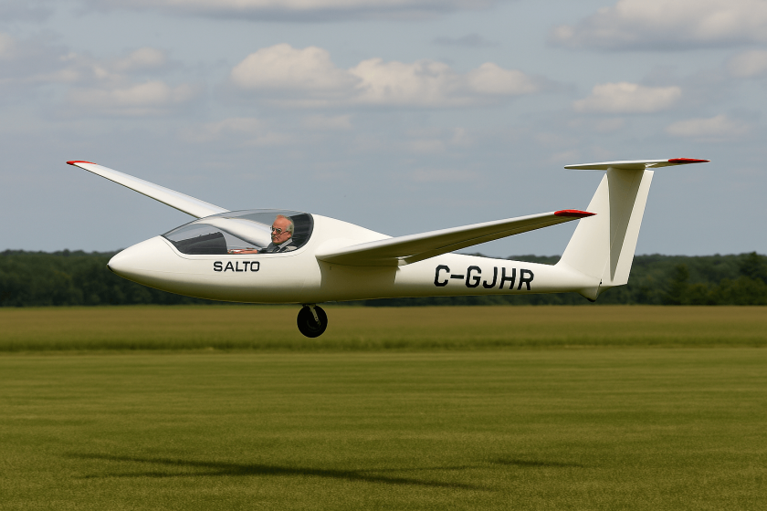 Salto H101 sailplane performing an aerobatic climb against a clear blue sky.