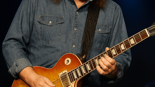 Chris McCallister of Second Helping performing live on stage with a Gibson Les Paul guitar