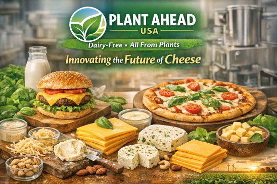 Assorted plant-based cheeses, burger, and pizza with Plant Ahead USA branding and tagline “Innovating the Future of Cheese.”