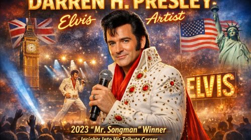 Elvis tribute artist Darren H. Presley in a white rhinestone jumpsuit holding a microphone, with UK and US flags, stage lights, and marquee‑style ELVIS signage behind him.