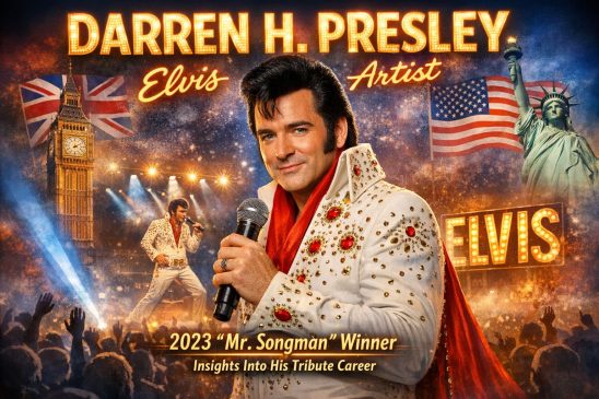 Elvis tribute artist Darren H. Presley in a white rhinestone jumpsuit holding a microphone, with UK and US flags, stage lights, and marquee‑style ELVIS signage behind him.