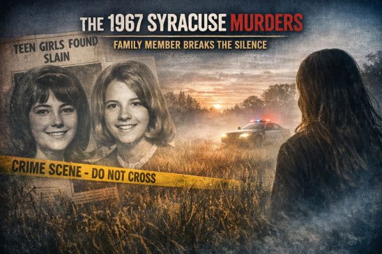 A moody editorial image showing a foggy field marked with yellow crime‑scene tape, vintage 1960s photos of two teenage girls, and a distant silhouette looking toward flashing police lights, representing the unsolved 1967 murders of Jacqueline Saunders and Mary Ann Marzullo.
