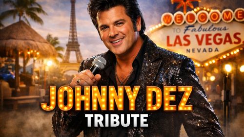 Johnny Dez smiling in a black sequined jacket, holding a microphone with a Las Vegas sign and Eiffel Tower in the background, representing his worldwide tribute performances.