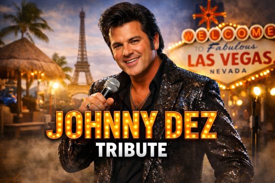 Johnny Dez smiling in a black sequined jacket, holding a microphone with a Las Vegas sign and Eiffel Tower in the background, representing his worldwide tribute performances.
