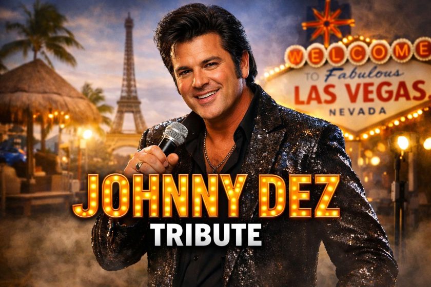Johnny Dez smiling in a black sequined jacket, holding a microphone with a Las Vegas sign and Eiffel Tower in the background, representing his worldwide tribute performances.