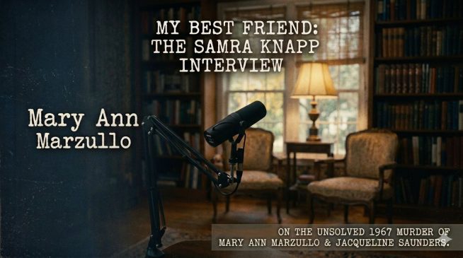 A true crime journalistic feature banner showing a moody library setting with floor-to-ceiling bookshelves and two empty vintage armchairs. Elegant, classic typewriter text layout displays an investigative interview title regarding an unsolved 1967 murder.