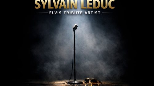 Spotlight illuminating an empty microphone stand with text “Sylvain Leduc — Elvis Tribute Artist.”