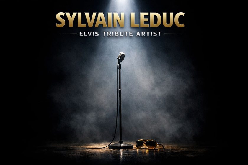 Spotlight illuminating an empty microphone stand with text “Sylvain Leduc — Elvis Tribute Artist.”