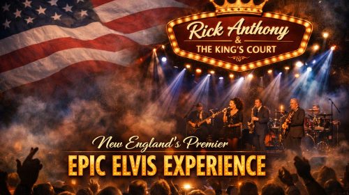 Stage setup for “Rick Anthony & The King’s Court” featuring marquee lights, American flag backdrop, and band performing under vibrant spotlights.