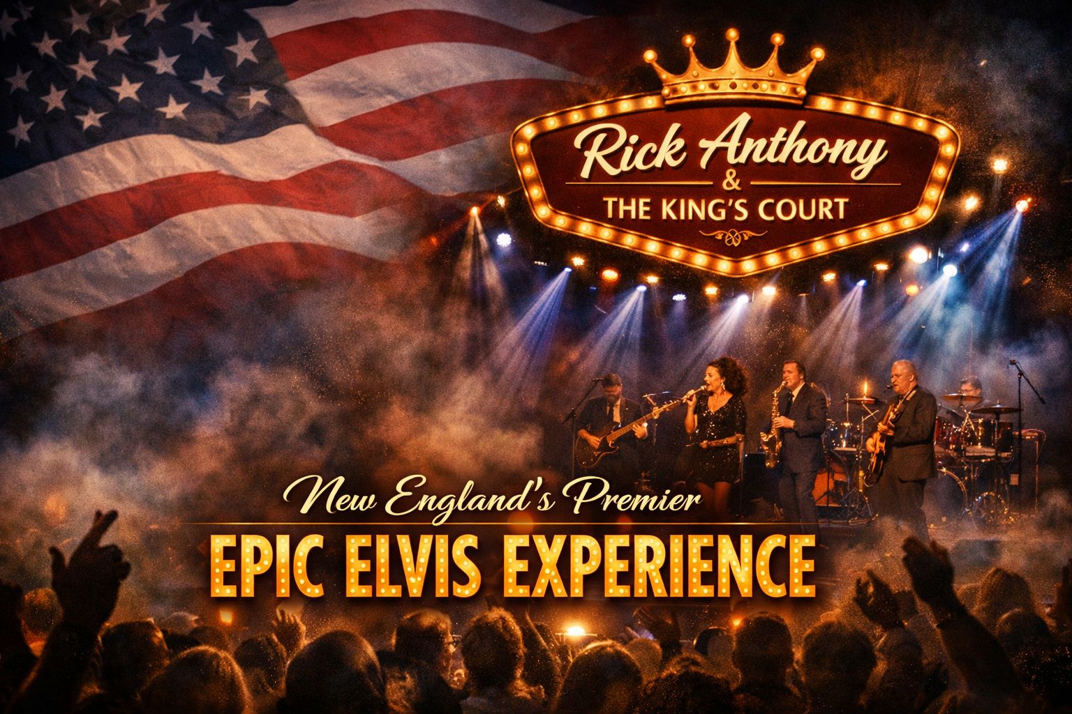 Stage setup for “Rick Anthony & The King’s Court” featuring marquee lights, American flag backdrop, and band performing under vibrant spotlights.