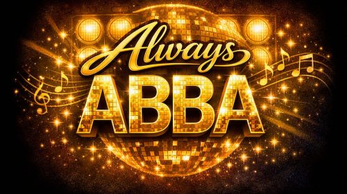 Gold “Always ABBA” logo with mirrored lettering, stage lights, and musical accents symbolizing an ABBA tribute performance.