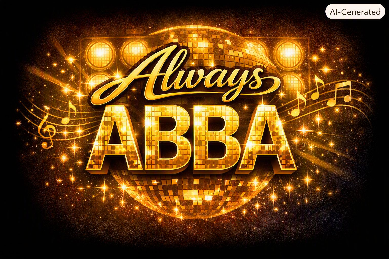 Gold “Always ABBA” logo with mirrored lettering, stage lights, and musical accents symbolizing an ABBA tribute performance.